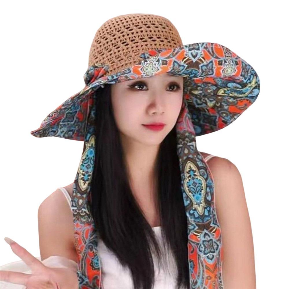 Breathable Beach Straw Hat Exquisite Flower Foldable Flower Sun Hat Large Eaves UV Protection Sun Protection Hat