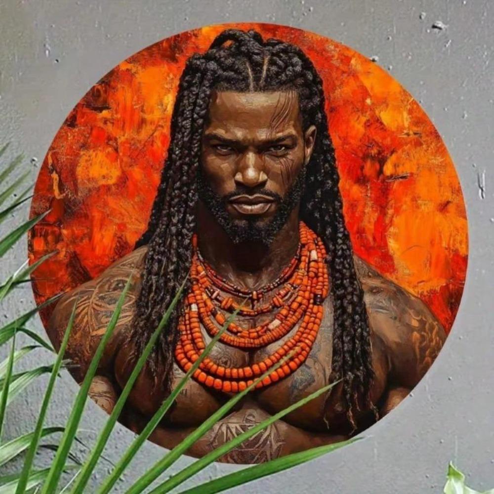 Afrikanischer Krieger Metall Wandkunst Runde Aluminiumplatte Kulturelles Dekor