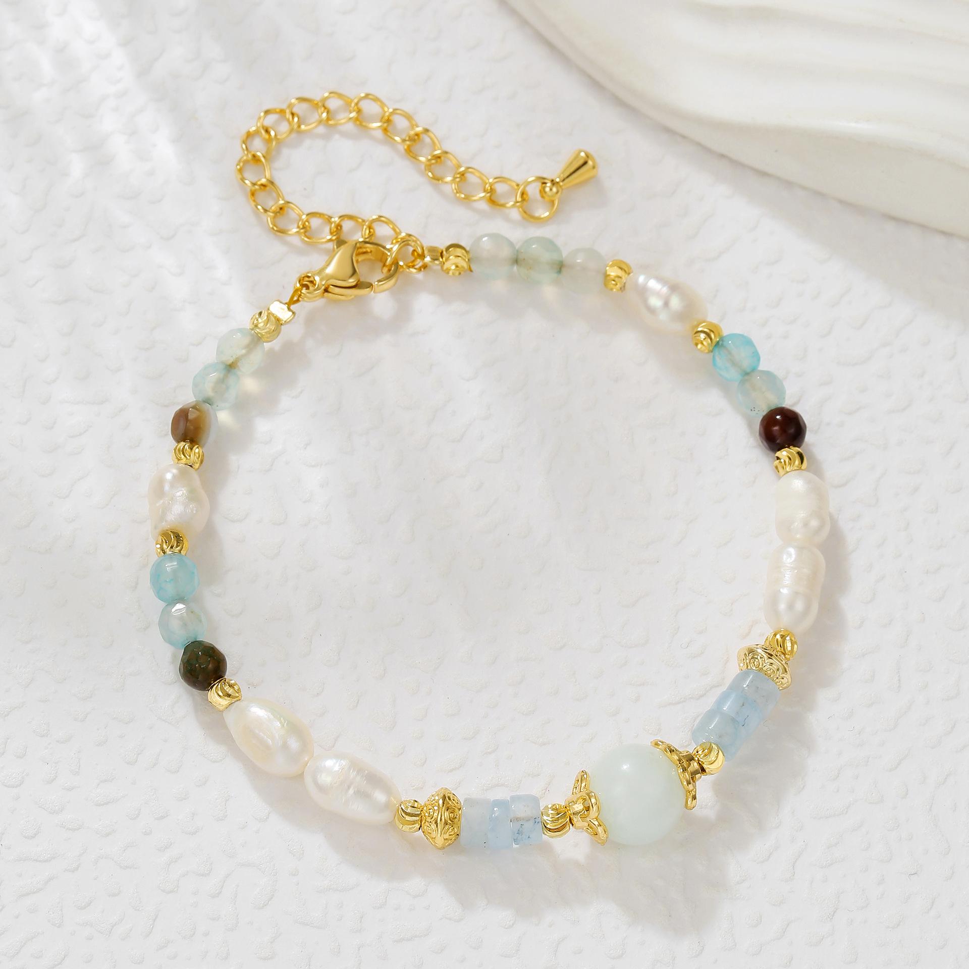 Браслет-ожерелье из натурального пресноводного жемчуга и аквамарина из голубого авантюрина - Универсальный нишевый дизайн для осени/зимы.