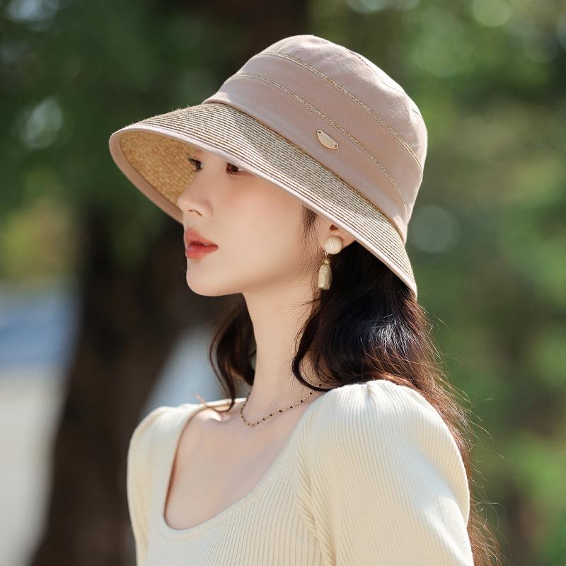 Sun Protection Hat Women'S High-End Sense Elegant Splicing Straw Bucket Hat Outdoor Sun Protection Cover Hat Lafite Straw Hat