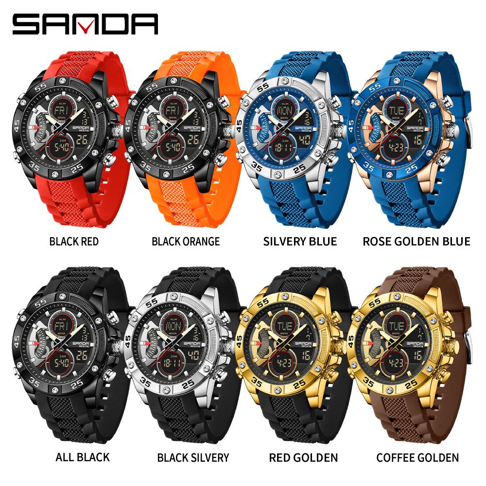SANDA 5104 New Large Dial Dual Screen Multi Functional Outdoor Silicone Strap Sports Waterproof Men's Electronic Quartz Watch