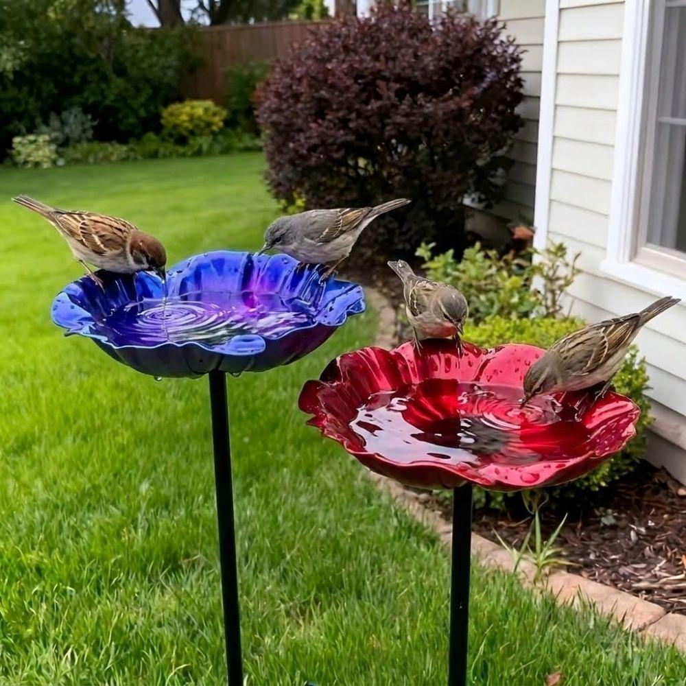 Handmade Metal Bird Bath Stake Weather Resistant Detachable Outdoor Bird Bath Iron Art Vintage Style Animals Drinking Cup