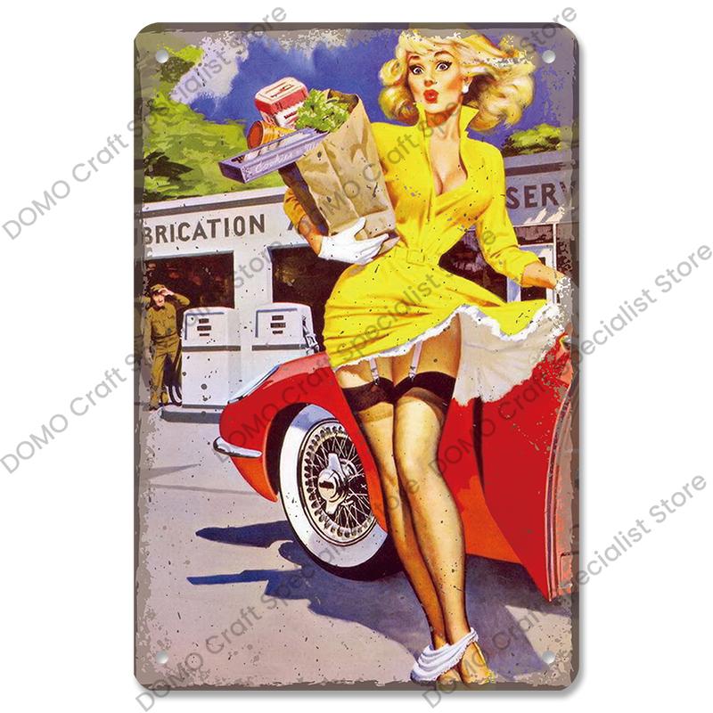 Poster Auto d'Epoca Lattine Metalliche Ragazze Sexy Auto d'Epoca Targhe Metalliche Retrò Decorazione Murale Garage Club Pub Man Cave