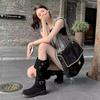 New Fold Women's Vintage Brown Metal Belt Buckle Western Cowboy Boots Square High Heel Long Boots Fashion Knight Boots 2024
