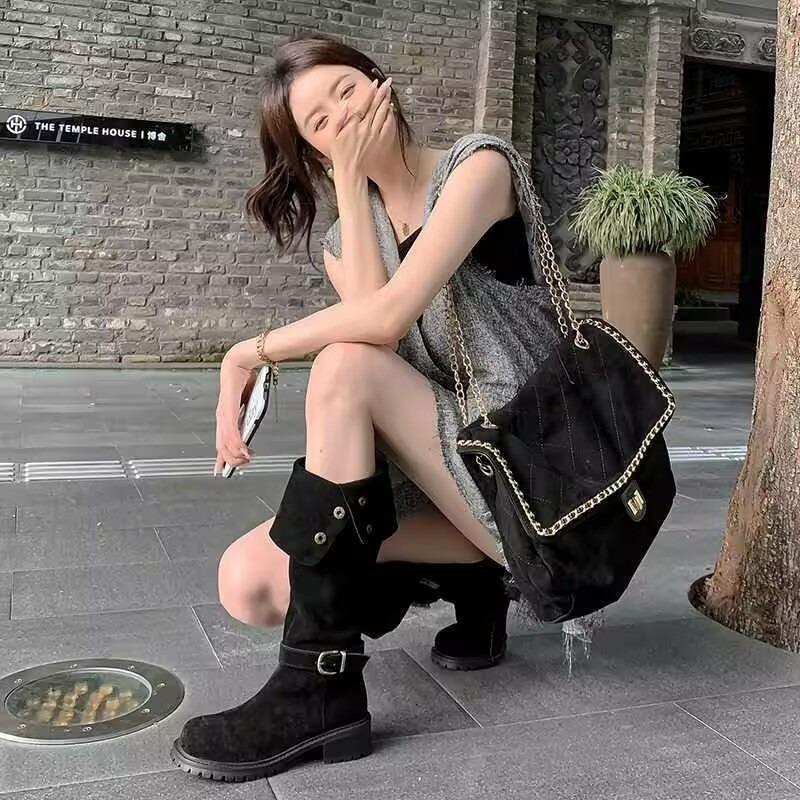 New Fold Women's Vintage Brown Metal Belt Buckle Western Cowboy Boots Square High Heel Long Boots Fashion Knight Boots 2024