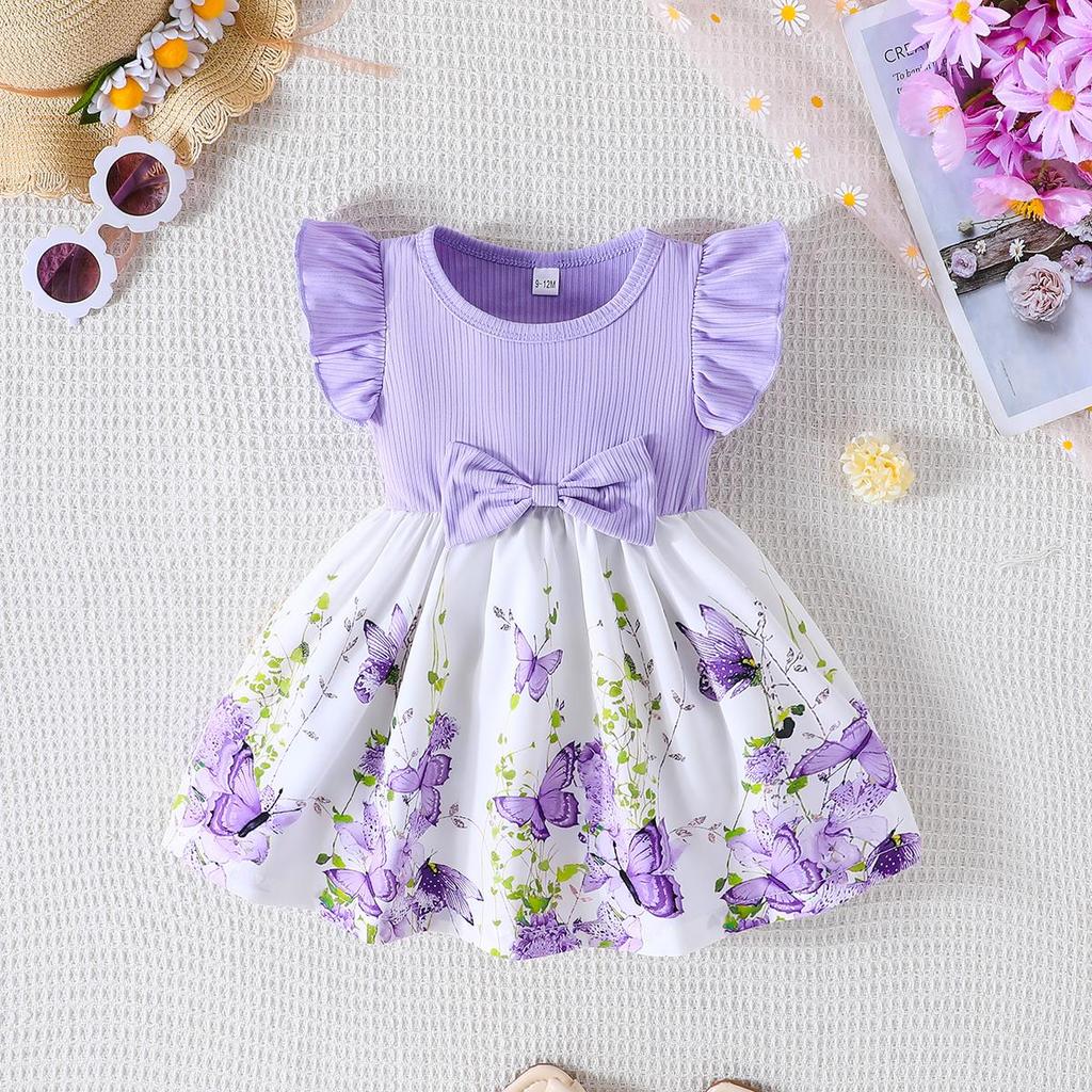 Infant Toddler Girl Floral Butterfly Dress, Ruffle Sleeve Bow Accent Dress, Casual Summer Outfit 6-36M