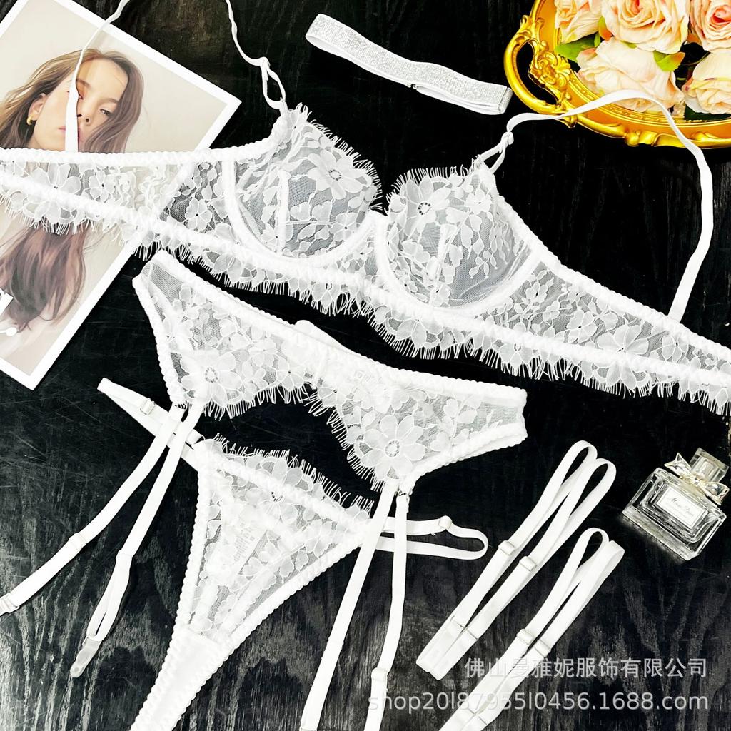 Sexy underwear French ultra-thin embroidered lace bra garter belt large size erotic underwear set