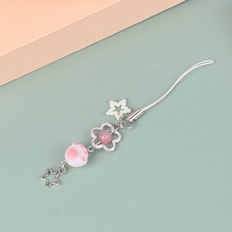 Cute Acrylic Beaded Keychain Cat Paw Pendant Keyring Card Book Mobile Phone Charm Lightweight Key Chain Ornament