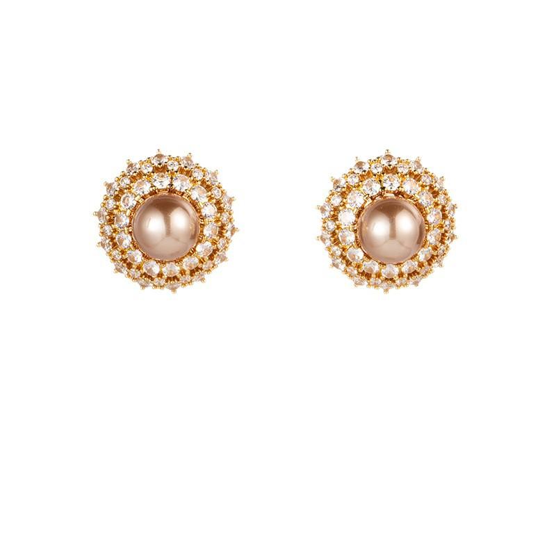 Round pearl micro-inlaid zircon stud earrings gorgeous court niche simple light luxury high-end versatile retro earrings