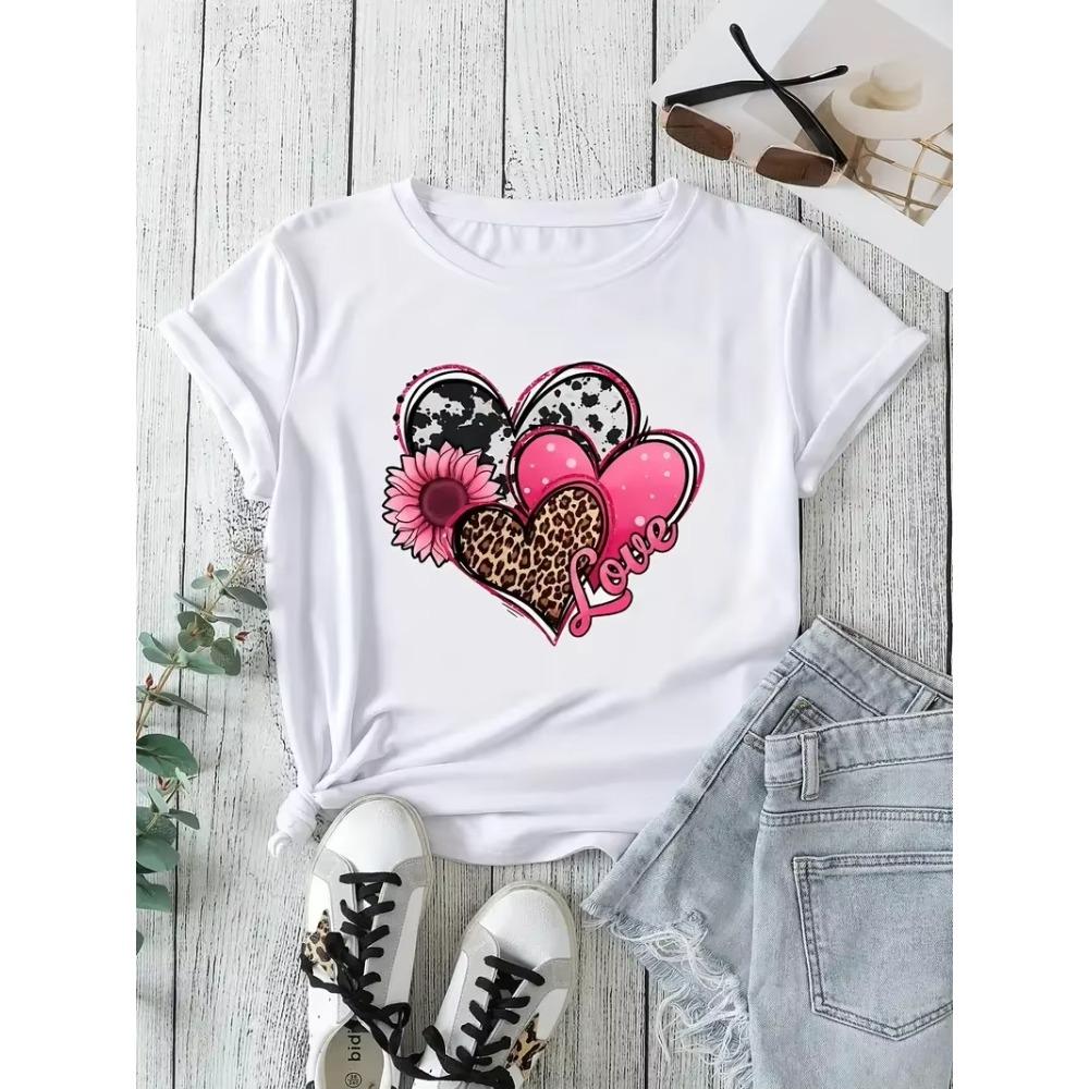 Plus Size Casual T-shirt Women's Plus Heart & Sunflower & Letter Print Short Sleeve Round Neck Slight Stretch T-shirt