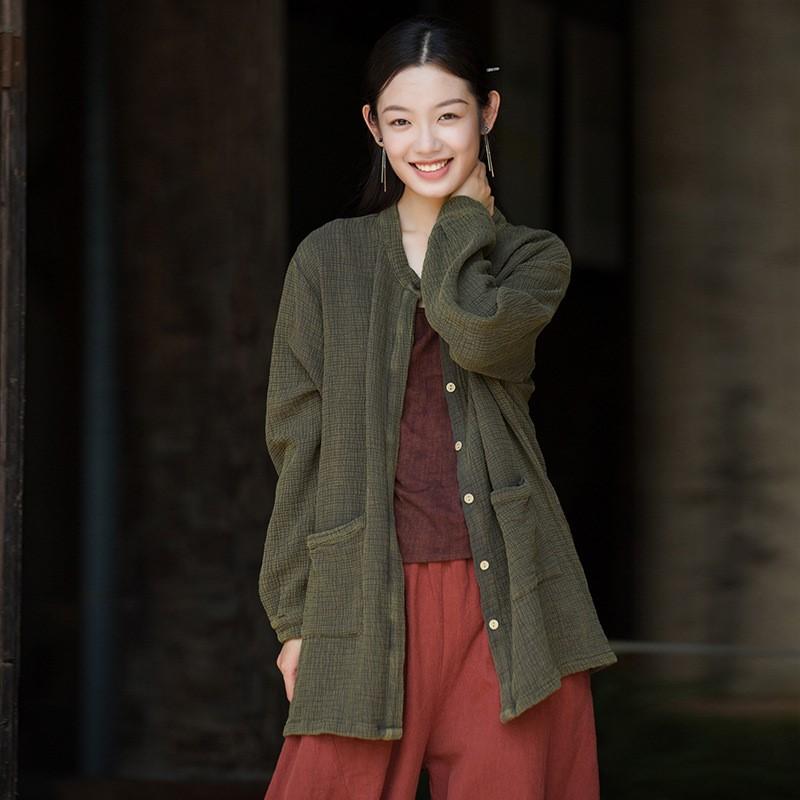 Johnature Women Vintage Shirts Solid Color Tops Autumn Button Long Sleeve O-Neck Pockets Women Shirts