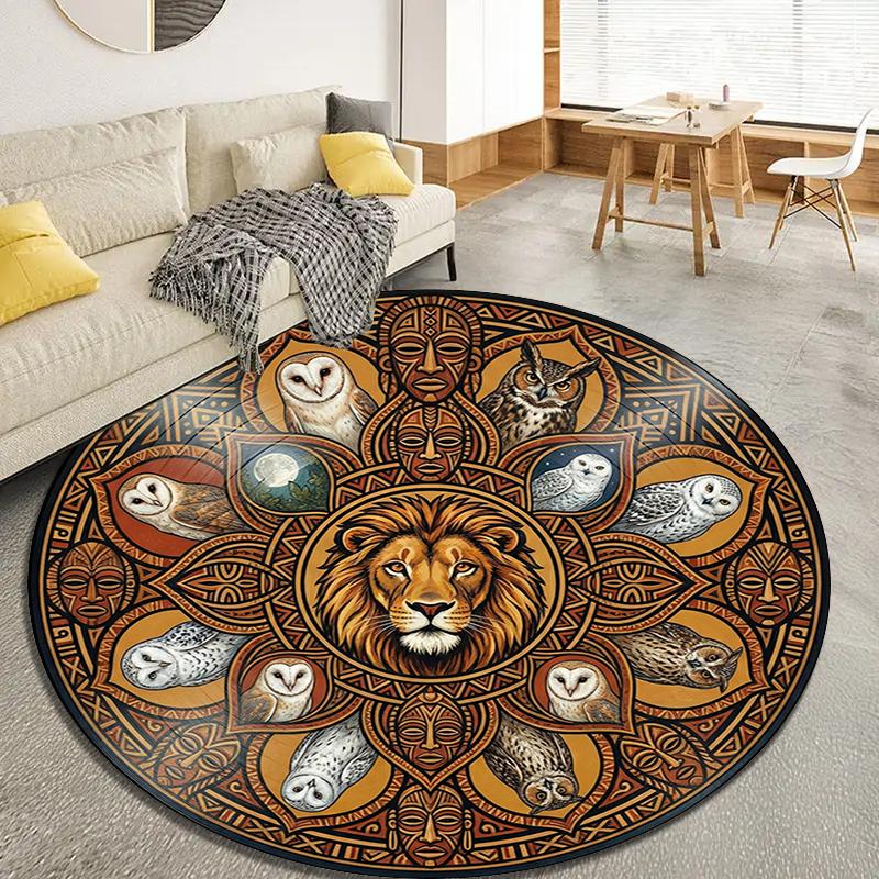 Retro Mandala Lion Round Area Rug,Carpet Rug for Living Room Bedroom Sofa Playroom Decor,Non-slip Floor Mat Q0037