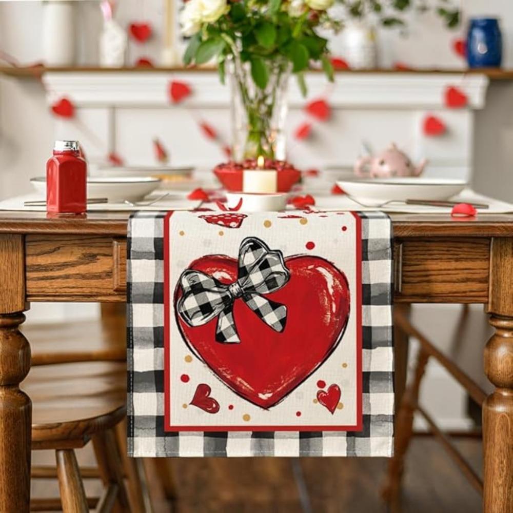 Valentine's Day Placemats Buffalo Plaid Red Heart Table Runner Seasonal Bow Tie Table Mats for Party Kitchen Dining Decoration