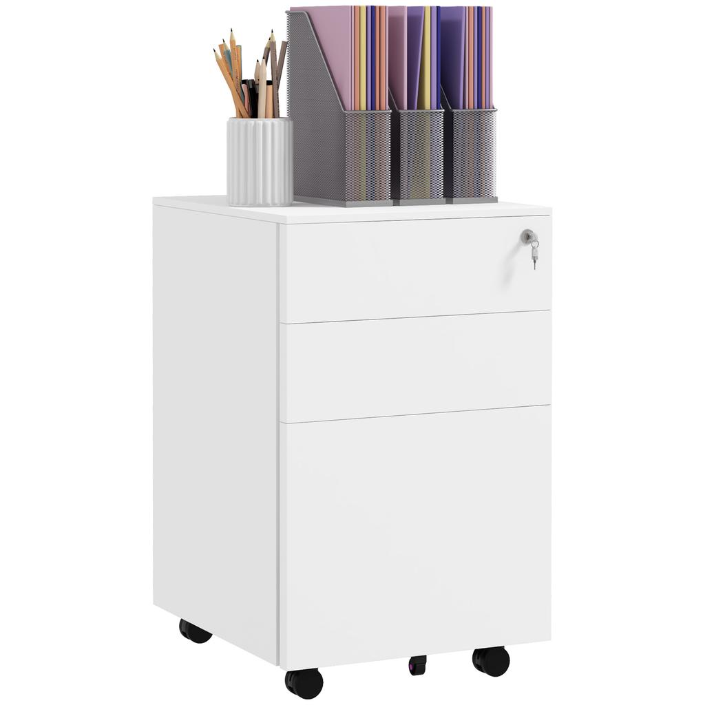 3-Drawer Vertical Filing Cabinet with Pencil Tray, Lock and 5 Wheels, Steel Mobile File Cabinet, for A4, Legal and Letter Size, Pre-Assembled Body