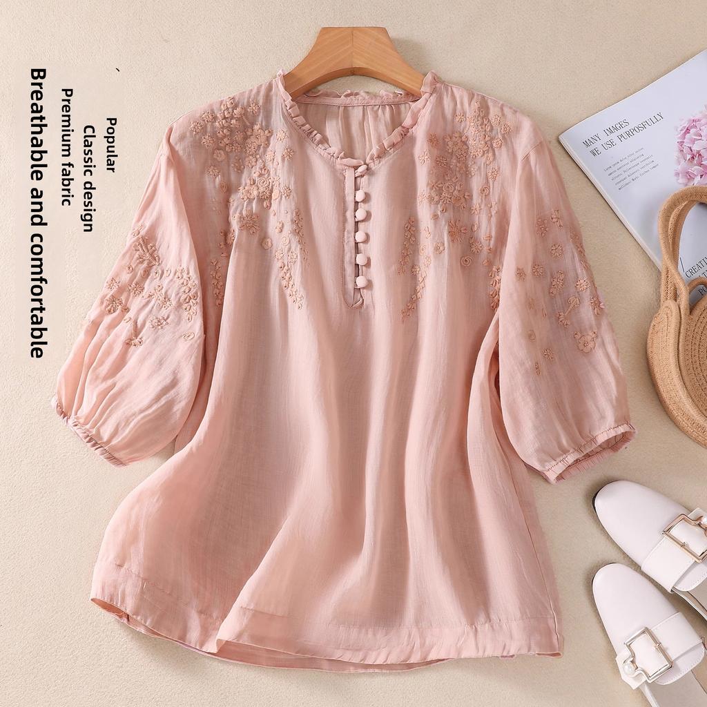 Artistic Embroidered Cotton Linen Shirt Women's Loose Fit Seven-Quarter Sleeve Pure Color Collarless Top UV Protection
