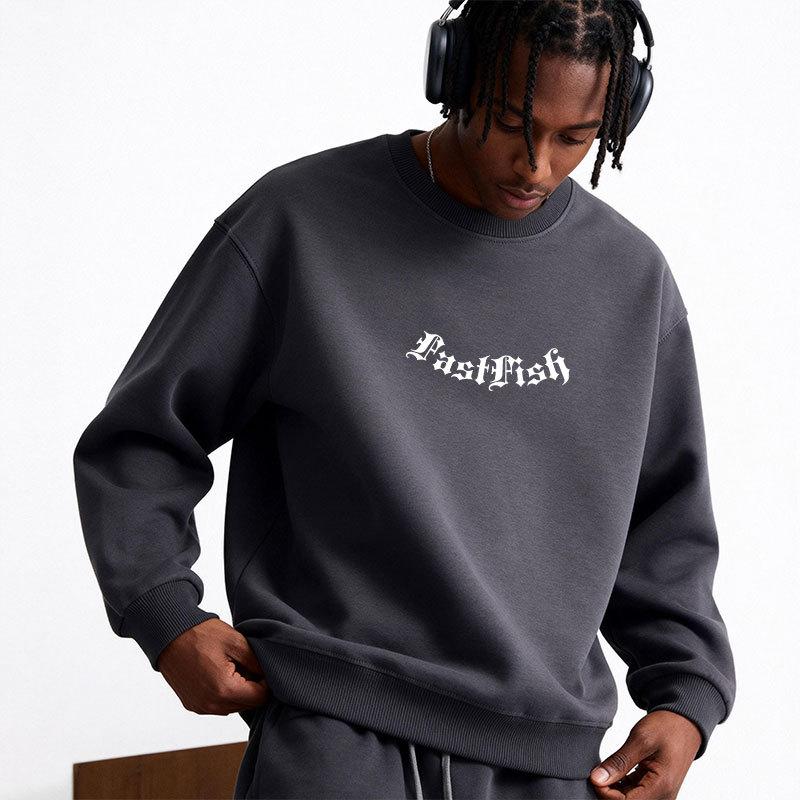 Heavy Cotton Sweatshirt for Couples Loose Fit Outerwear Inner Wear Round Neck Hoodless Pullover Versatile Autumn Winter Warm Printed Top 3XL темно-серого