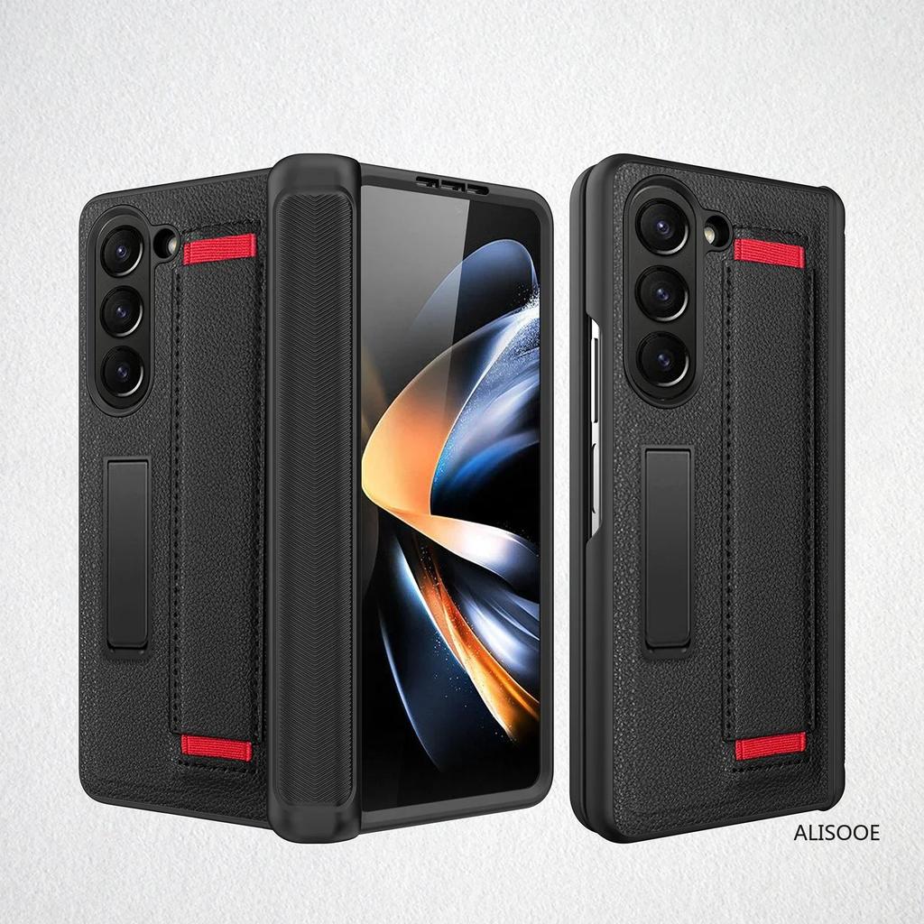 Z Fold 7 6 5 4 Hinge Case for Samsung Galaxy Z Fold 7 6 5 4 Case Wristband Front Glass Wrist Strap Stand Protect Cover Funda