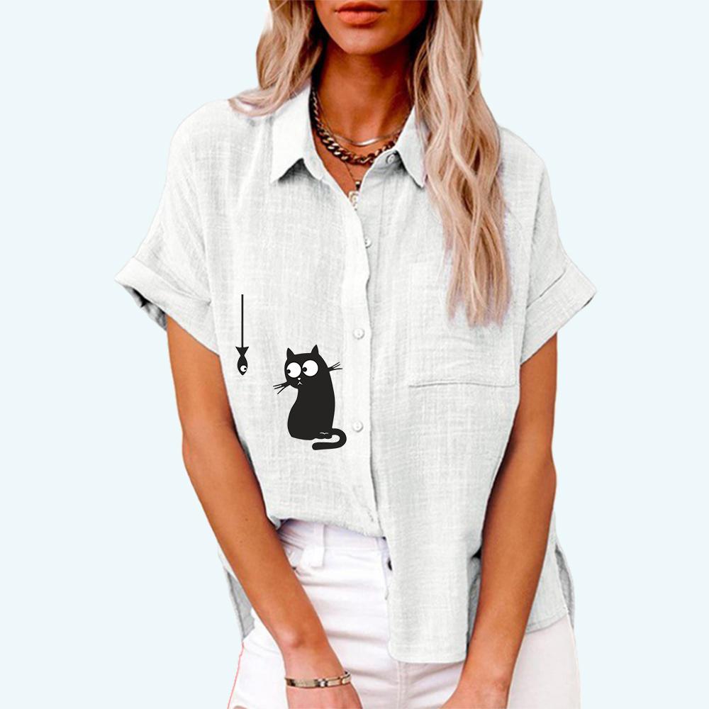 

Женская мода, топ с воротником с лацканами, летняя и осенняя повседневная футболка с коротким рукавом, льняные блузки с карманом, кардиган с принтом кота, свободная рубашка
