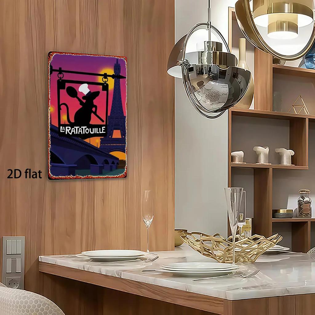 1pc Disney "Ratatouille" Paris Iron Wall Art - Chef Remy & Eiffel Tower 3D Metal Sign, 20.32x30.48 Cm Rustic Home Decor with Pre