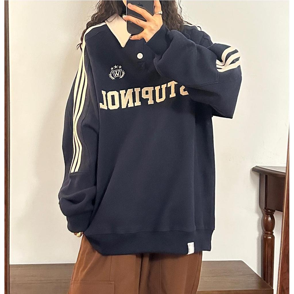 2025 Spring/Autumn Retro Trend Loose Japanese Straight Shoulder Casual Long Sleeve Polo Sweatshirt