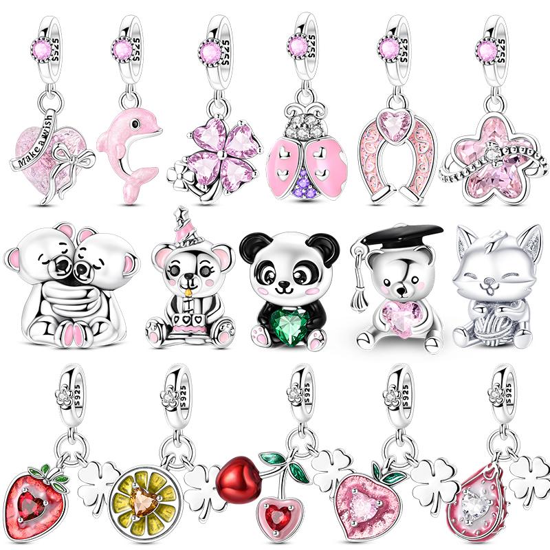 925 Silver Panda Pink Dolphin Pendant Charm Jewelry Fit Original Bracelet Necklace Women DIY Gift