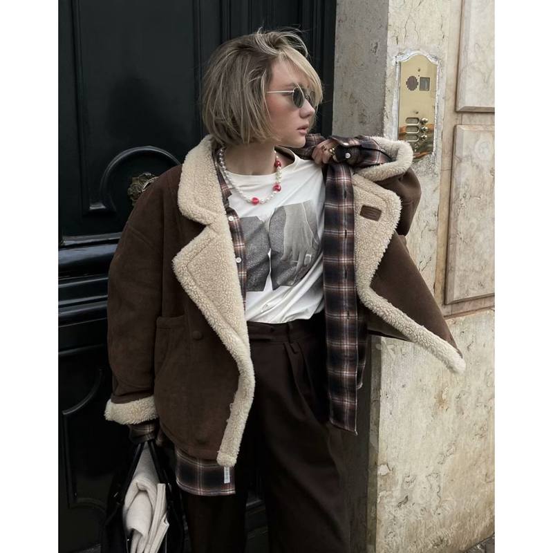 Winter Design Fashion Women Fur Collar Coat Long Sleeve Thick Warm Zipper Jacket Casual Loose Lamb Wool Outwear