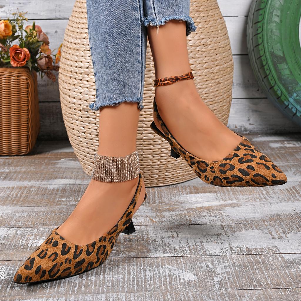 French Large Size Stiletto Sandals Women's Spring and Autumn Pointed Head Light Mouth Word with Leopard Print Fashion Sandals