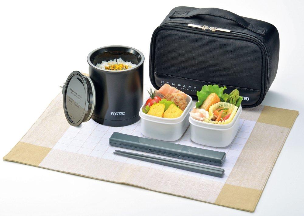 Wahei Freiz Bento Box, 640ml, Black, Slim, with Rice Container, Two Side Dish Containers, Chopsticks, and Insulated, Fortec Lunch, FLR-5957