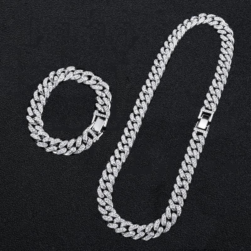 New Street Trendsetter: Double Row Full Diamond Alloy Hip Hop Cuban Chain Bracelet Necklace, 12.5mm, European & American Style.