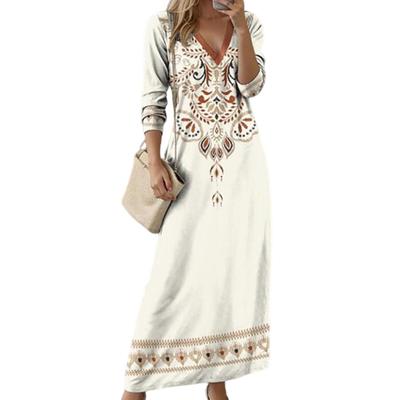 Damen-Frühlingskleid, ethnischer Stil, bedruckt, V-Ausschnitt, langärmelig, Bohemian-Stil, lockerer A-Linien-Pullover, weich, atmungsaktiv, knöchellang, tägliches Maxikleid