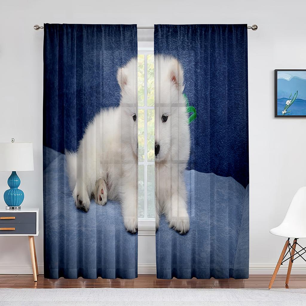 Doi Câini Samoyed Drăguți în Zăpadă Perdele Tulle pentru Decor Living Dormitor Bucătărie Perdea Voal Transparent Modern Draperii Fereastră