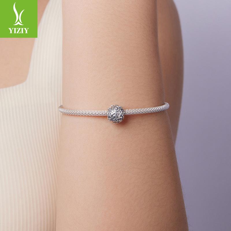 Vintage S925 Sterling Silver Rolled Grass Pattern Beaded Loose Beads, Personalized Texture Diy Bracelet Beads