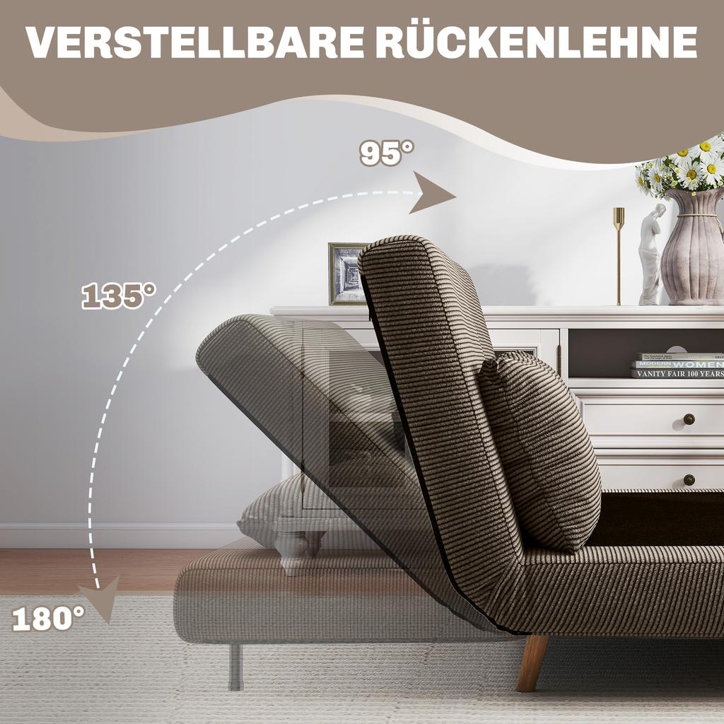 Sofa Bed, Guest Bed, 3-Way Adjustable Backrest, Corduroy Look, up to 120 kg, 141 x 90 x 81 cm, Dark Brown