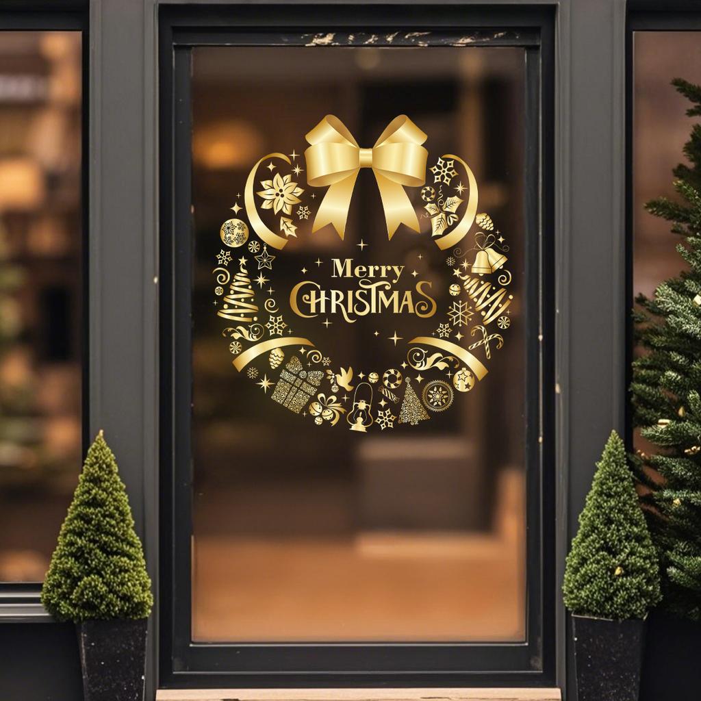 1pc Golden Christmas Tree Printed Electrostatic Sticker Christmas Decoration Sticker for Bedroom Living Room Window Decoration