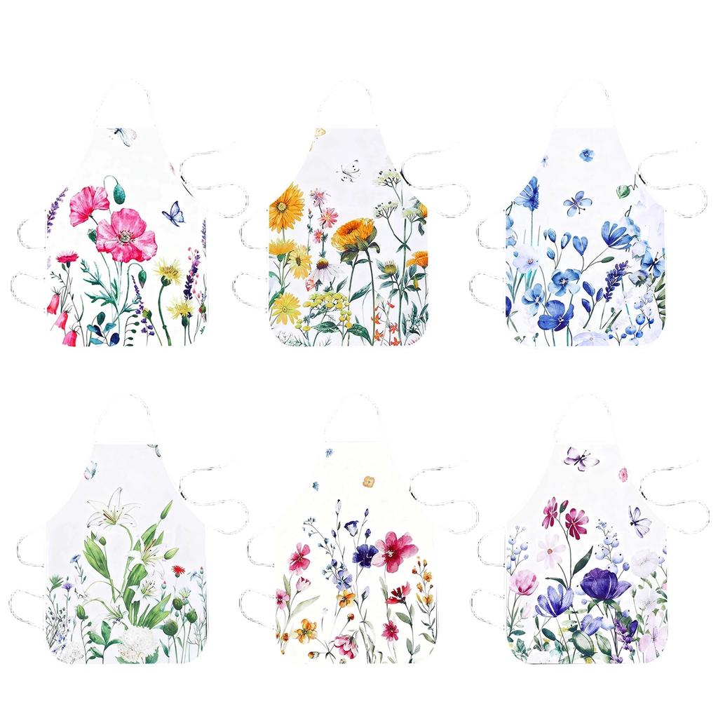 Set med 6 förkläden med blomm- och fjärilstryck, tillverkade av polyester, lämpliga för köksmatlagning och som skyddsplagg