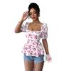 Spring Summer New Arrival Women's Square Neck Smocked Print Short Sleeve Top Fashion Slim Fit Sexy Casual Blouse