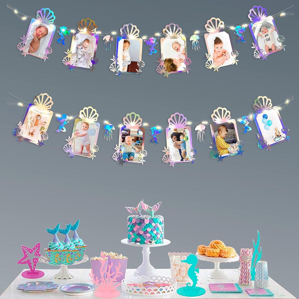 40 Ft Iridescent Mermaid Garland with Jellyfish Seashell Starfish Pearl Holographic Paper Streamer for Little Mermaid Rainbow Theme Birthday