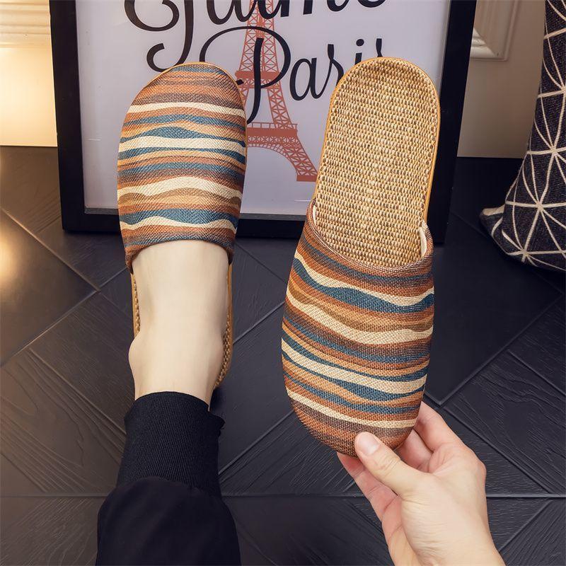 Four Seasons National Style Flax Cool Slippers Couples Breathable Home Use Flat Soft Sole Men's and Women's Confinement Baotou  Confinement Shoes