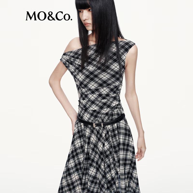 MO&Co. 2025 Autumn Plaid Asymmetric One-Shoulder Dress with Belt