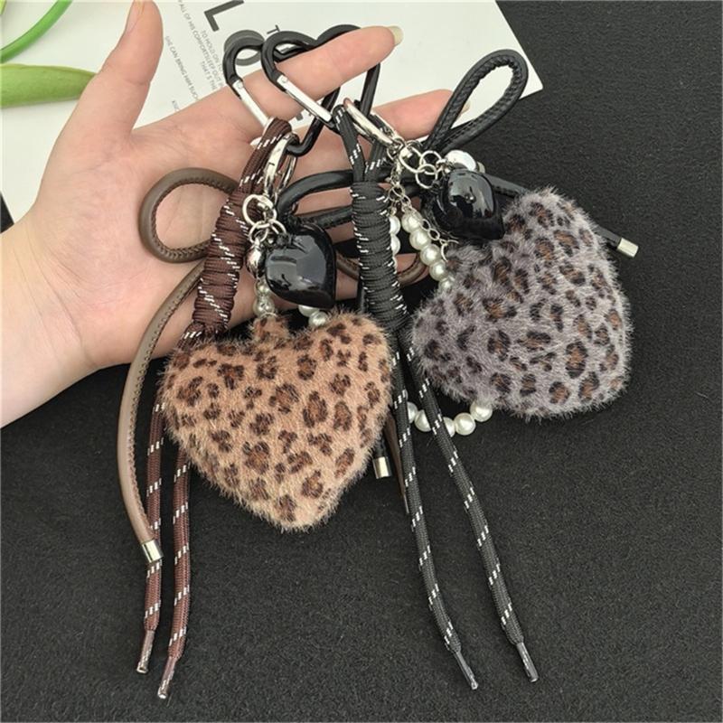 Stylish Leopard Print Plush Keychain Adorned With Artificial Leather Heart Bag Charm for Women Fashion Accessories