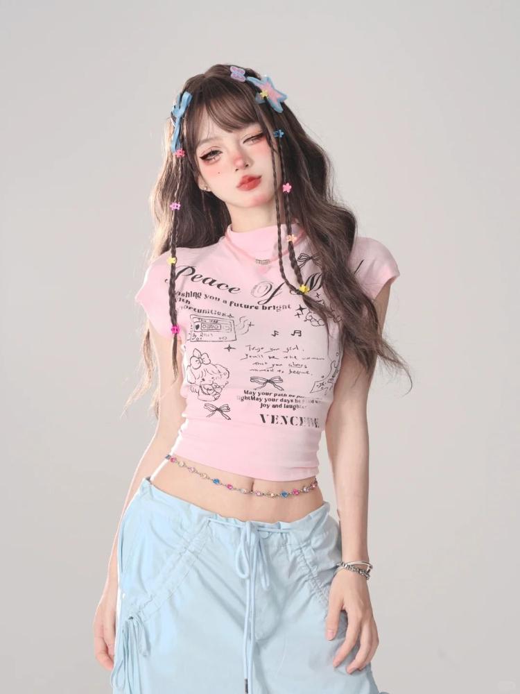 Topuri Y2K pentru fete, tricouri imprimate pentru femei, tricouri sexy, design cu control abdominal, tricouri la modă pentru dame, topuri cu litere de desene animate, tricouri casual cu mânecă scurtă