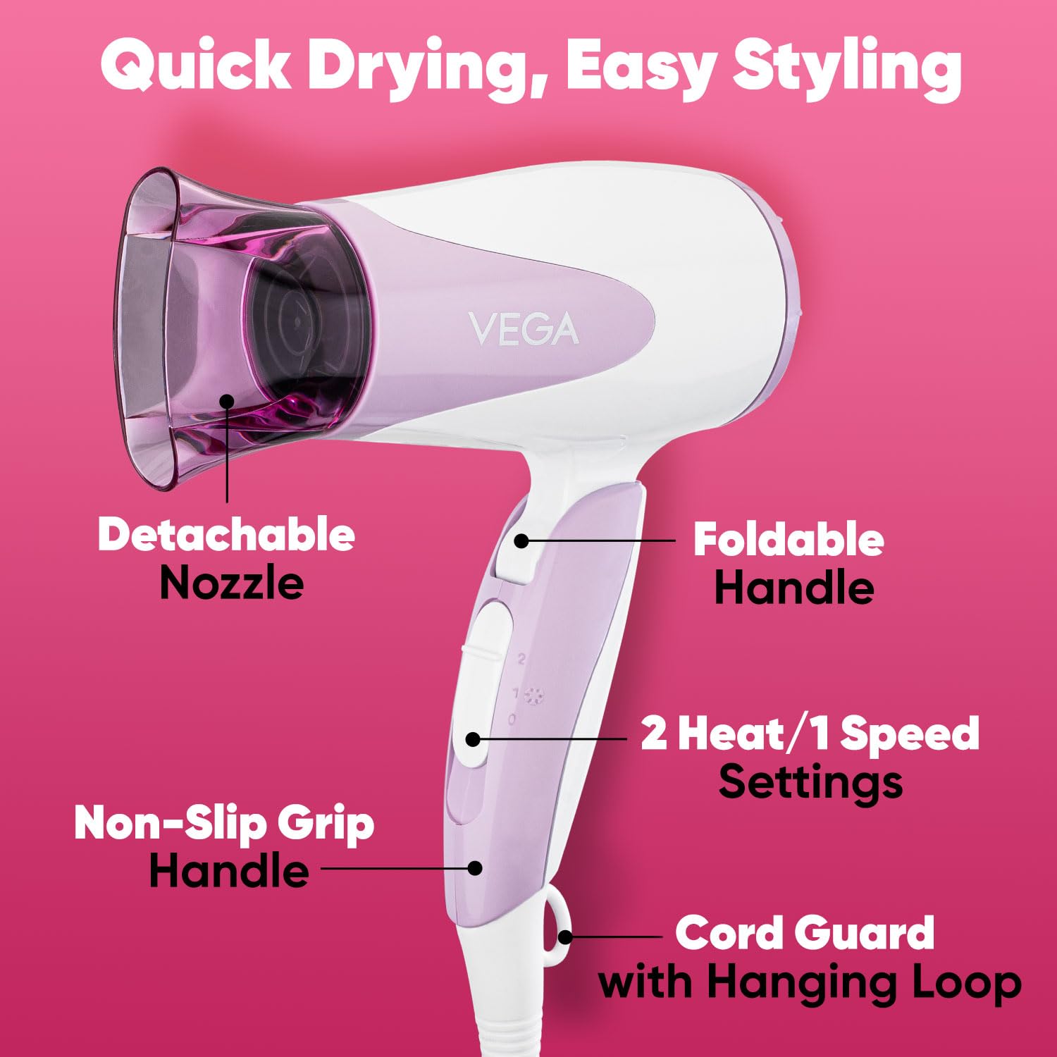 VEGA Blooming Air Foldable 1000-1200 Watts Hair Dryer for Women with Flexible Heat Setting & Detachable Nozzle,Automatic Overheat Cutout,Compact Qui