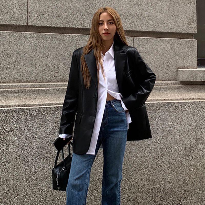 Black Long PU Leather Suit Jacket Women's Loose Spring Autumn Coat with Elegant Style Plus Size Leather Jacket