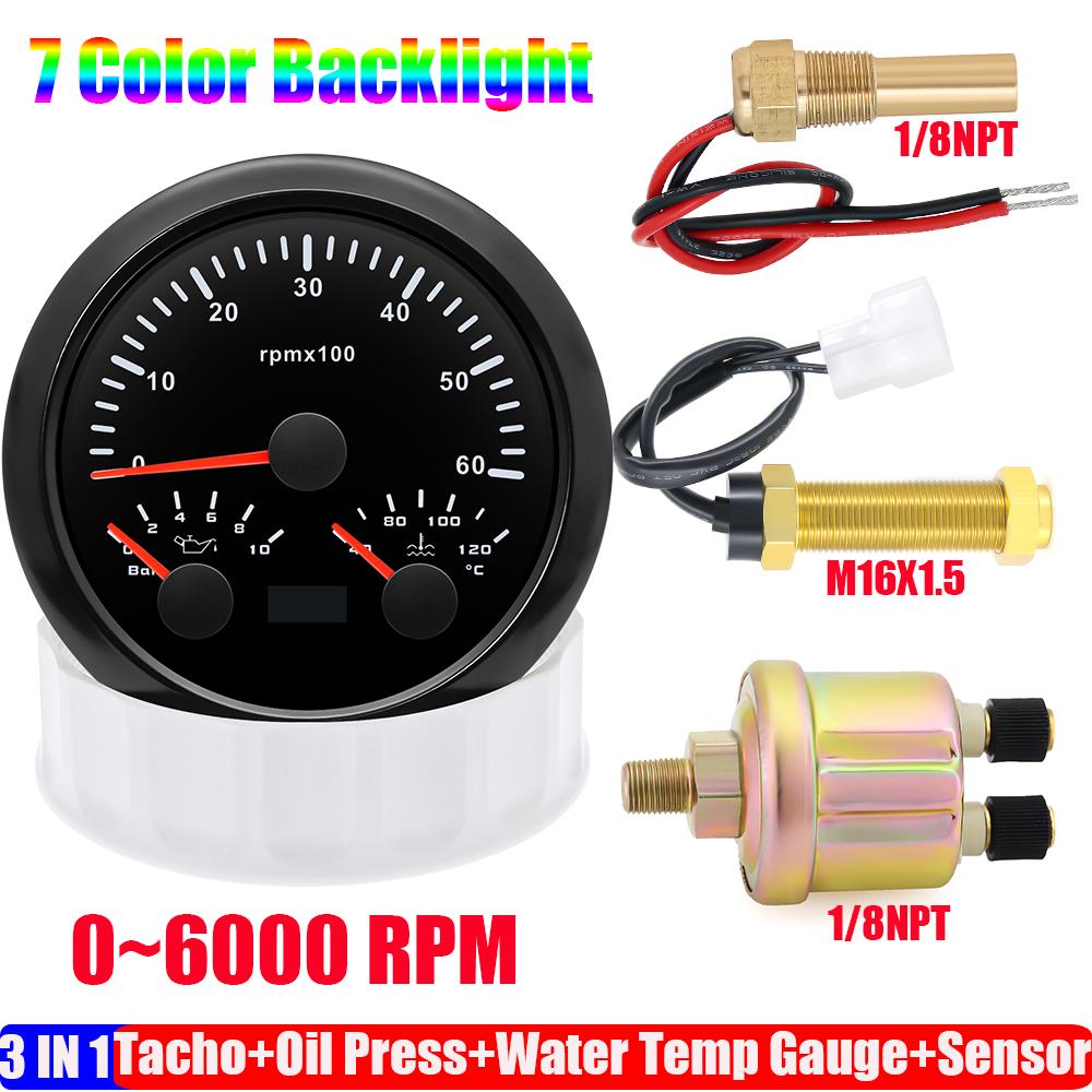 ZMFJH 3000~8000RPM 85MM Tachometer+Oil Pressure+Water Temp Gauge with Sensor 7 Color Light MultiMeter 0~10Bar for Car Boat 9-32V
