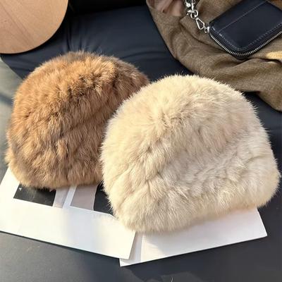 Rabbit Hat Women's Autumn and Winter Thickened Warm and Cold-proof Wool Hat Showing Small Face Fur Ear Protection Plush Bucket Hat