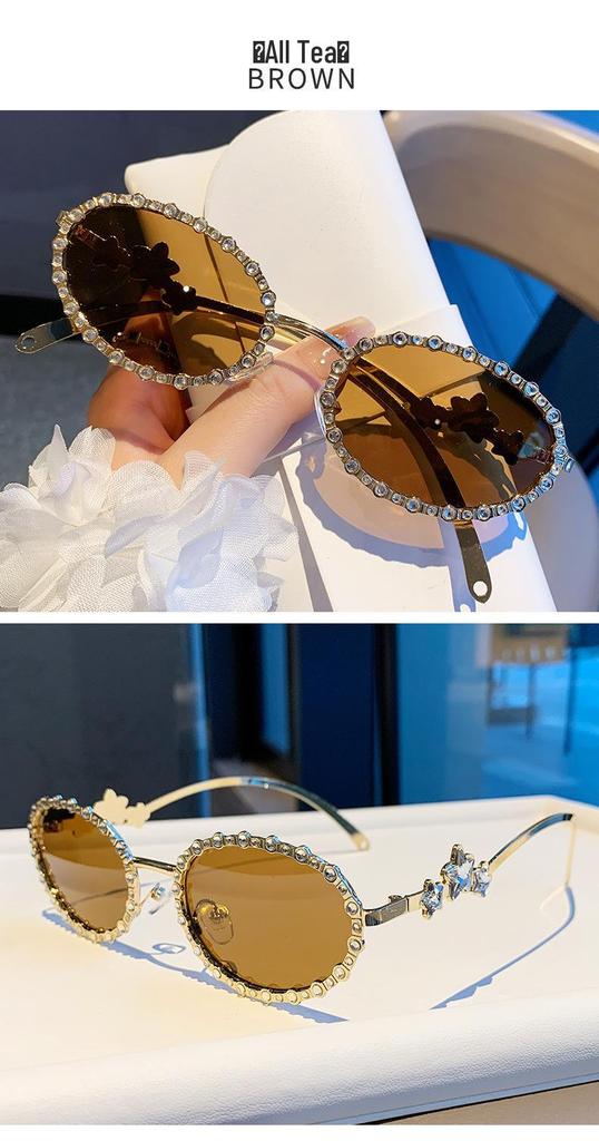 Star Diamond Rhinestone Round Frame Sunglasses - Versatile & High-End Glasses for Parties