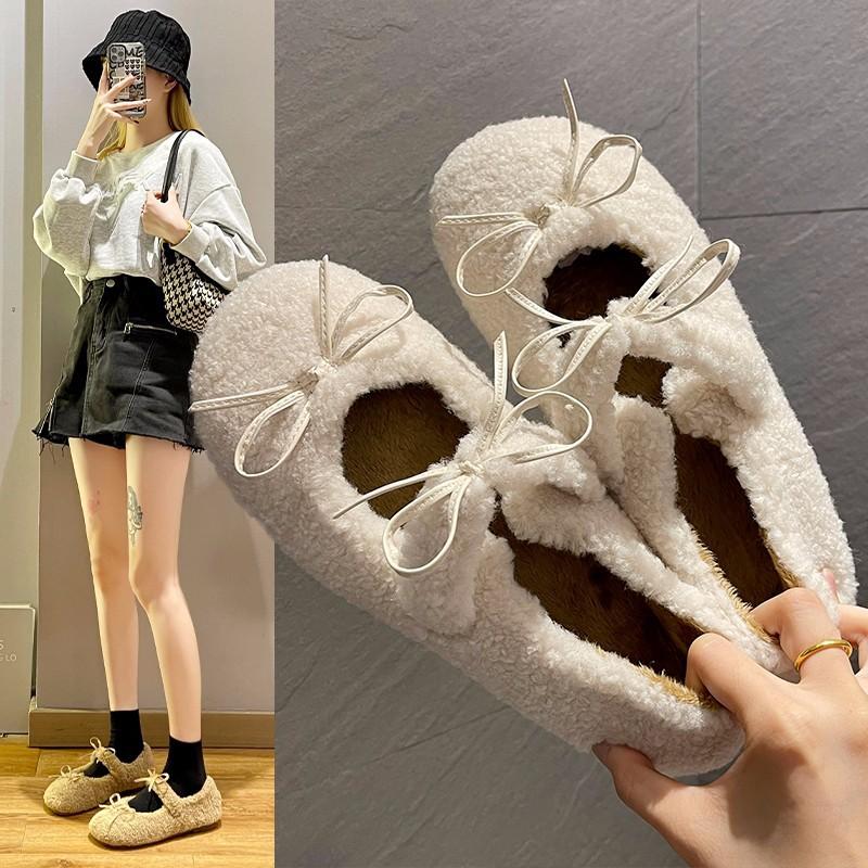Fan Jieya flat-bottomed plush shoes women's winter wear 2025 autumn and winter new bow Doudou single shoes