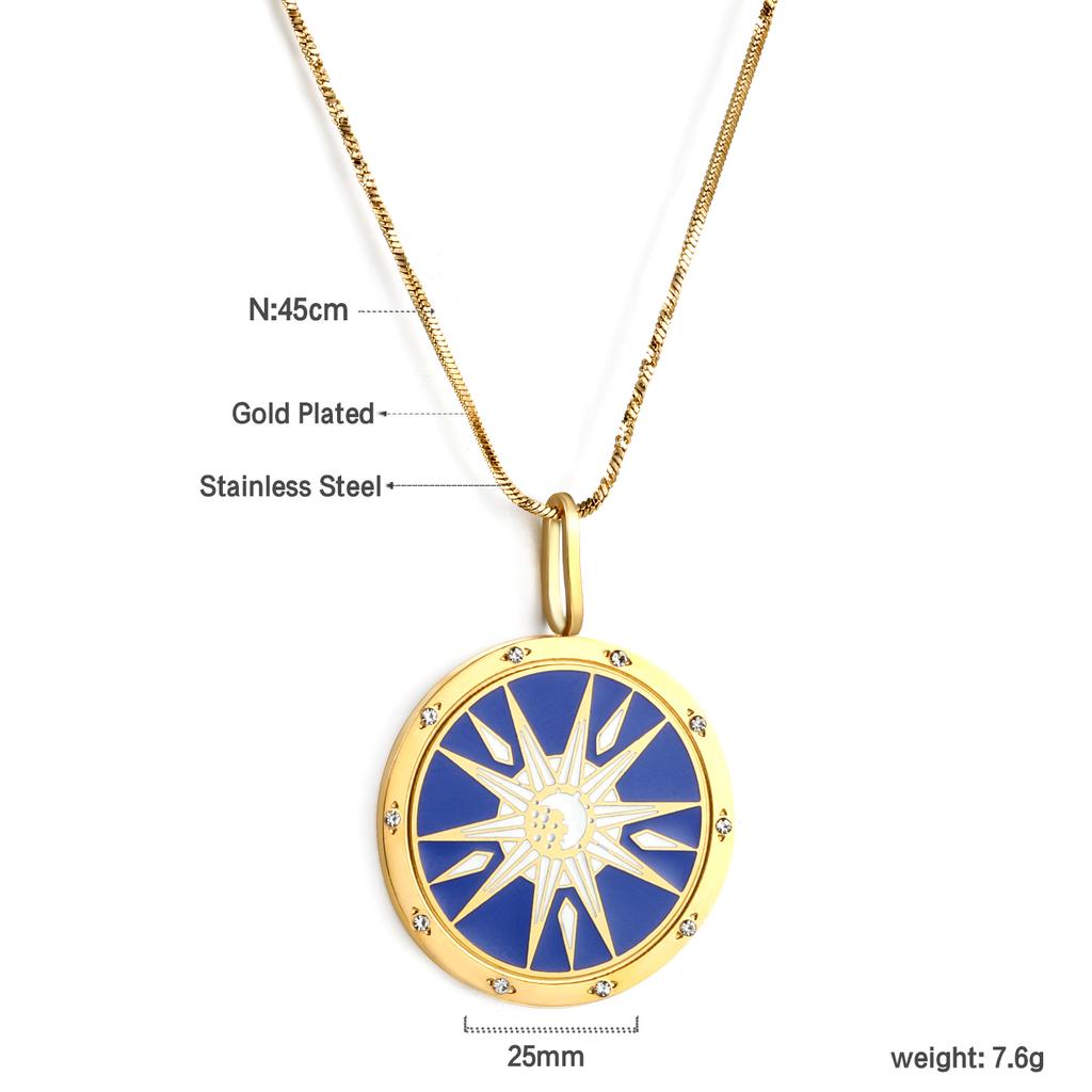 Fashion Creative Round Shining Pattern Pndant Necklace Stainless Steel Gold Plated Necklace for Women 316L Jewelry Gift