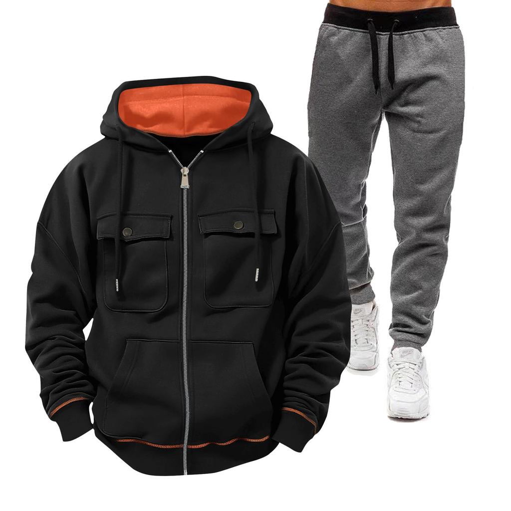 Men's European Size Hooded Sweatshirt Set: Zip-Up Fleece-Lined Jacket with Double Pockets for Sports and Casual Wear.