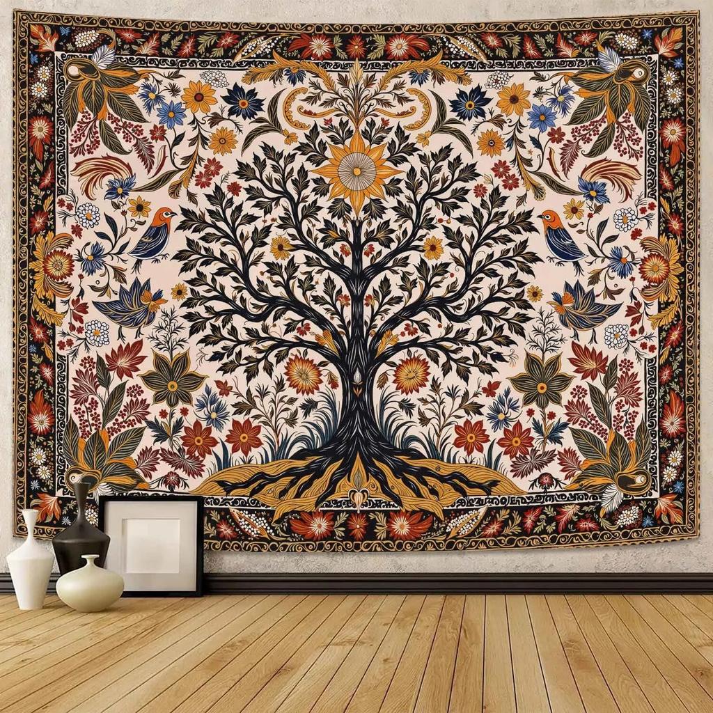 Stained Glass Tree of Life Tapestry Polyester Wall Hanging Colorful Plant Mosaic Art Room Decor for Living Room Bedroom Dorm
